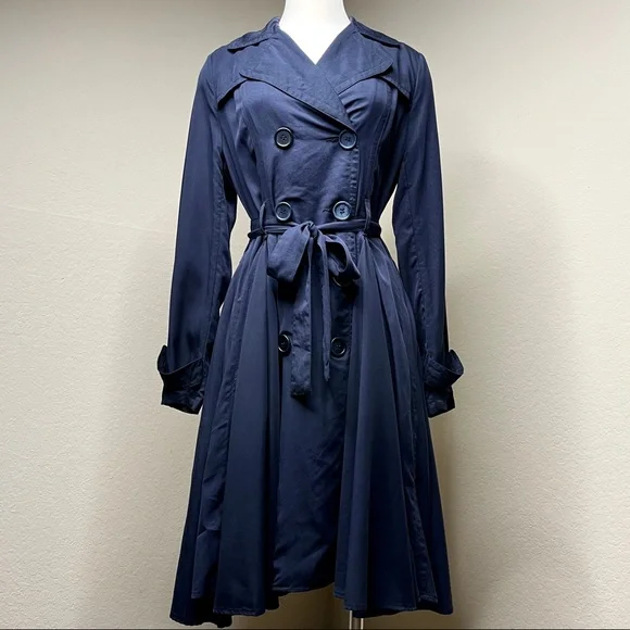 Anthropologie LRA Blue Coat Dress Size M 8 10 Button Front Fit-And-Flare Retro - Picture 2 of 11